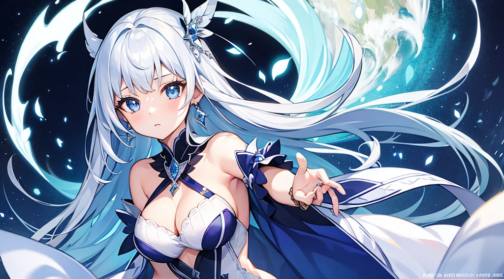 Highest quality, masterpiece, figure, wallpaper,One girl, Beautiful detailed girl, Highly detailed eyes and face, Beautiful attention to detail, Shine, View your viewers, Blue Eyes, Side Up,Beautiful silver hair ,crisp finger, clear background, deep night、Big earrings、bracelet,