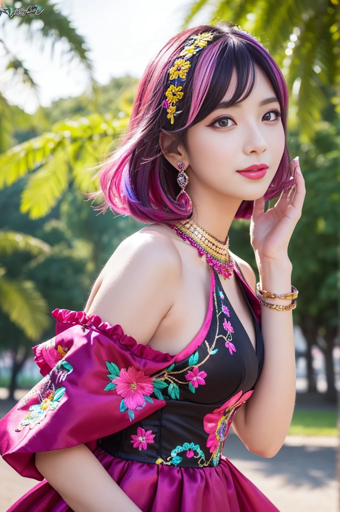 (masterpiece:1.4), (best quality:1.4), ultra high res, ultra high resolution, ((detailed facial features)), HDR, (realistic, photorealistic, photo-realistic:1.37), full body Esbian, sexy swedish model, (-anime), only 1 model, vivid colors, ((vivid colors multicolor (fuchsia, pink, light purple) very short hair)), beautiful smile, lip-gloss, long lashes, defined eyebrows, wearing large sparkling colorful jewelery, wearing a red silk Paradise Kiss cosplay dress with black floral embroidery, ((vivid colors outfit)), vivid colors, look at the camera, cinematic light, large park background with trees, sweet and sexy pose