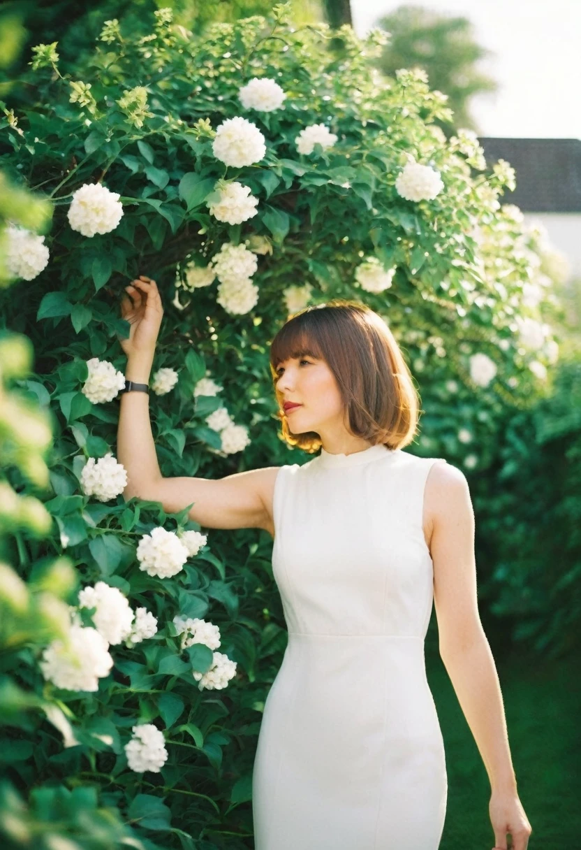 A fashionable woman is standing outdoors, wearing a fitted white dress that accentuates her figure and a golden watch. Her hair is styled in a sleek, shoulder-length bob. She is posing in front of a white wall adorned with lush green vines and blooming white flowers. The setting appears to be a garden or a patio with a relaxed, elegant ambiance. The background also includes a white sofa with cushions, adding to the serene atmosphere. The lighting is soft, giving the scene a warm and inviting feel.
