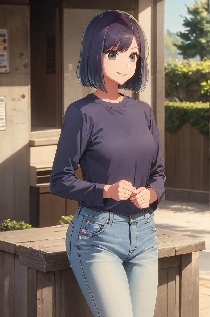 girl, jeans, long sleeve baseball shirt, smile
