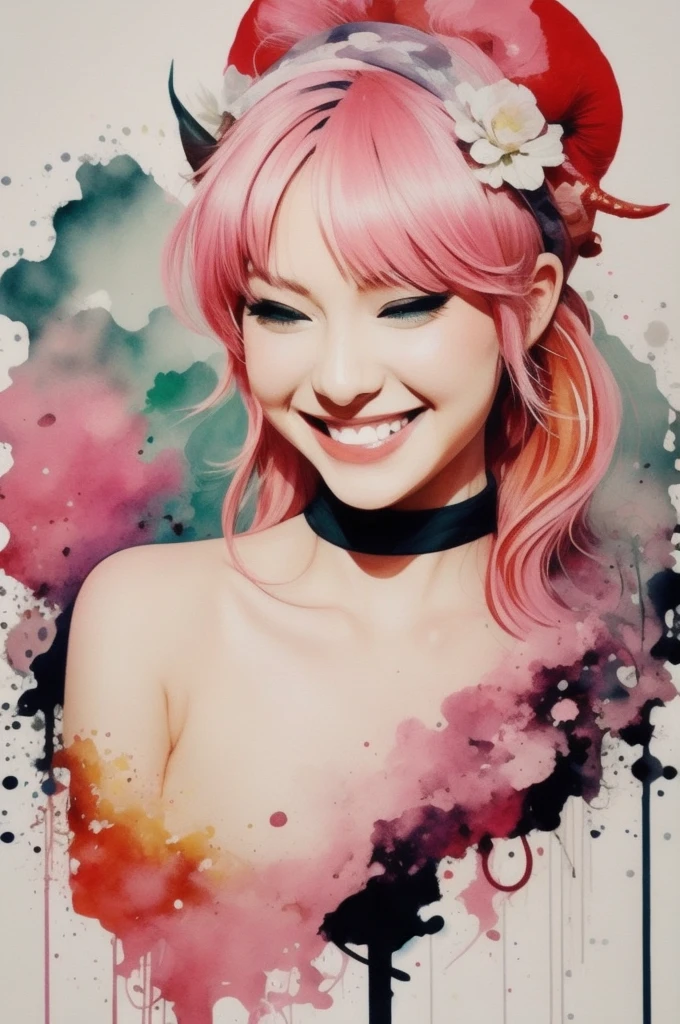 Zero Two, anime style, White background, landscape, ink, splashes of paint, bust, shoulders, pink hair, floating hair, big red eyeliner, (only two horns,:1.2) headband, closed eyes, big smile with teeth,