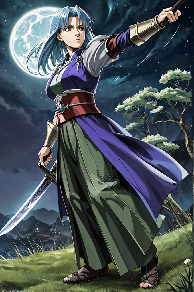 Highest quality，High resolution， ((Fate stay night)) ，（caster），One person，Wizard，grimoire，（Moss Green_Food），woman，One personで，Middle Age，strongest，Anime Style，（blue_Hair Color）（Night Sky_background），(Limbs)，(Full Finger)，(Accurate fingertips), (The finer details), (Super detailed)，(Japanese sword:)，4K，(high resolution)，whole body, (Front angle), Looking at the camera,masterpiece，(Subtle details)，(Intricate details)，Octane Rendering，(Hyper Detail)，
