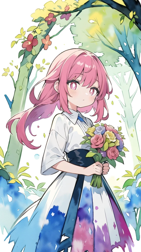 masterpiece, best quality, girl with bouquet, empty pupils, ethereal magical atmosphere, forest, unique, peaceful, colorful, (watercolor \(medium\), drawing, IrisCompiet:1.2),