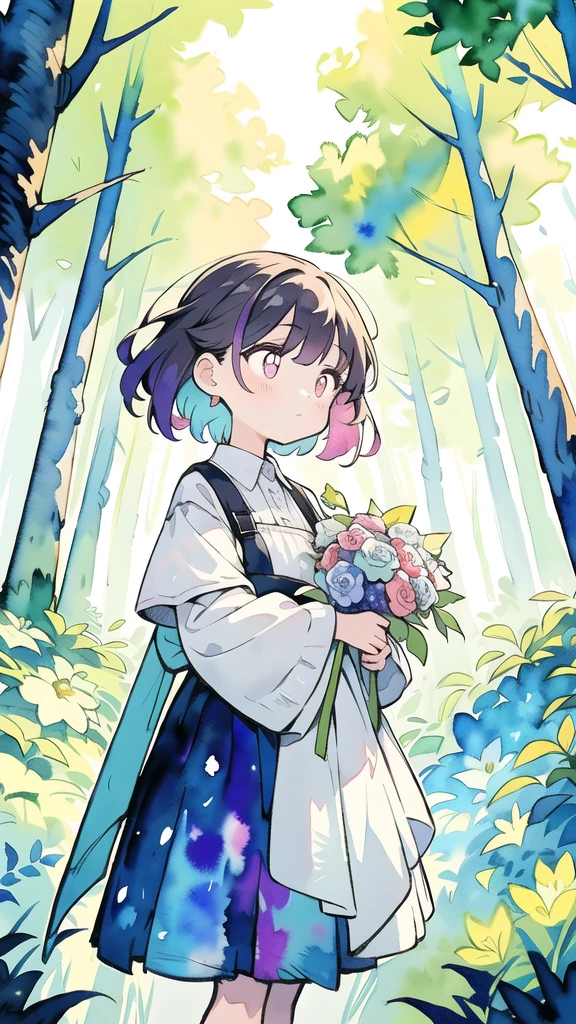 masterpiece, best quality, girl with bouquet, empty pupils, ethereal magical atmosphere, forest, unique, peaceful, colorful, (watercolor \(medium\), drawing, IrisCompiet:1.2),