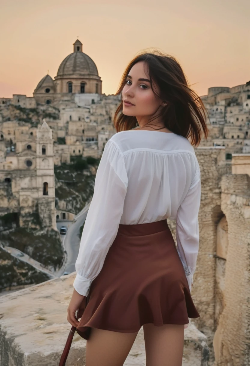 (YES NSFW), Girl wears a medium skirt, windyupskirt, wind moves skirt showing her perfect ass. ((extreme detail)), (ultra-detailed), best quality, ultra high res, (8k, RAW photo, masterpiece, realistic, photorealistic:1.4), 8k uhd, dslr, absurdres, ray tracing, high quality texture, intricate details, detailed texture, finely detailed. Photo of a girl. Beautiful face, girl talking on cell phone. She walks down the streets of Matera. Outdoor in Sassi of Matera. Matera's Cathedral in background. Beautiful perfect face. smooth skin, real pores, from behind, looking back at the viewer, best quality, fine details, {{masterpiece, best quality, extremely detailed CG, unity 8k wallpaper, cinematic lighting, lens flare}}.
