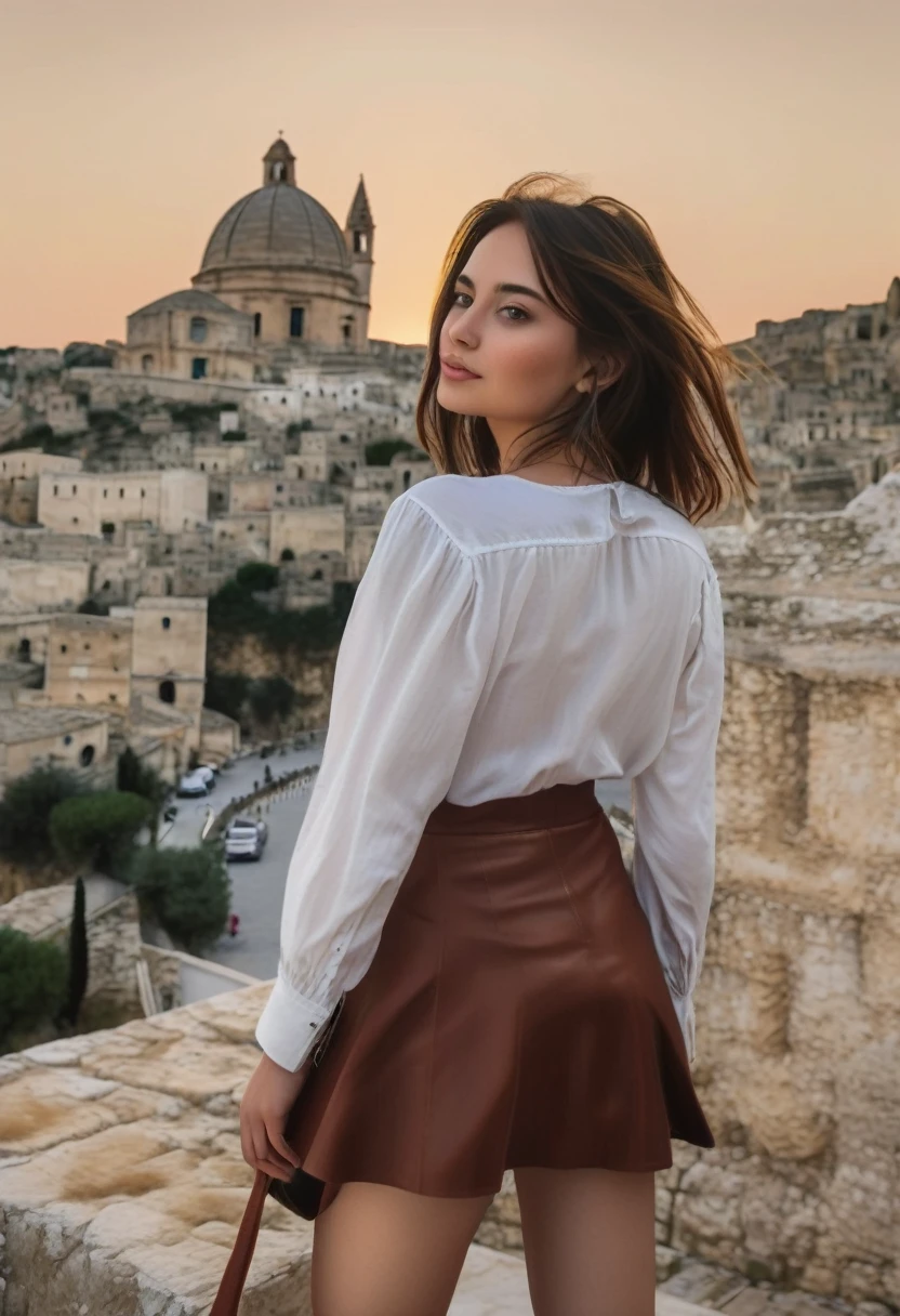 (YES NSFW), Girl wears a medium skirt, windyupskirt, wind moves skirt showing her perfect ass. ((extreme detail)), (ultra-detailed), best quality, ultra high res, (8k, RAW photo, masterpiece, realistic, photorealistic:1.4), 8k uhd, dslr, absurdres, ray tracing, high quality texture, intricate details, detailed texture, finely detailed. Photo of a girl. Beautiful face, girl talking on cell phone. She walks down the streets of Matera. Outdoor in Sassi of Matera. Matera's Cathedral in background. Beautiful perfect face. smooth skin, real pores, from behind, looking back at the viewer, best quality, fine details, {{masterpiece, best quality, extremely detailed CG, unity 8k wallpaper, cinematic lighting, lens flare}}.