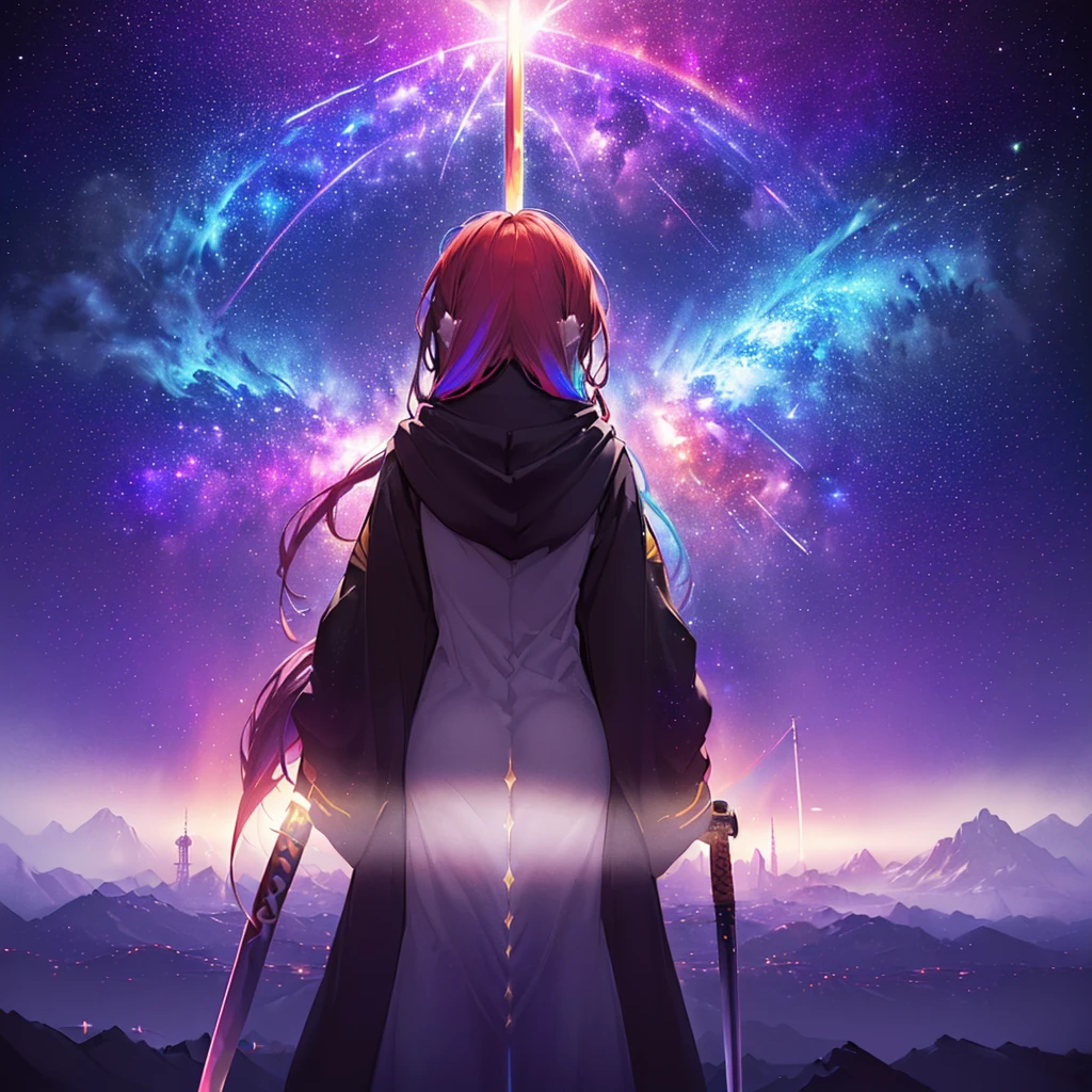(((((Two Women、back to back、Holding a sword Galaxy Background、Shine))))) ((((Fantasy Rainbow colors、Long Hair Dull red eyes High Neck Hoodie Put on a coat without putting your arms through it)))) (((Lonely despair))) ((tears gloves)) (Distorted Space-Time star moon) Catch the wind Shine背景 Particles of light, Shineエッジ