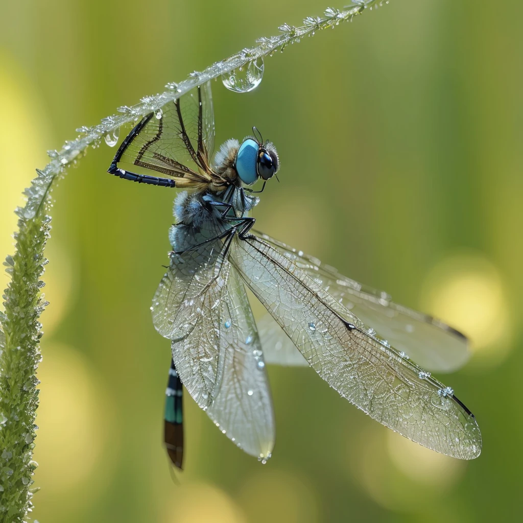 araffe dragonfly with blue eyes sitting on a blade of grass, that looks like a dragonfly, dragonfly-like, award winning Macro Photography, dragonfly-shaped, that has the form of a dragonfly, Macro Photography, beautiful Macro Photography, dragonfly, Covered with water droplets, author:Werner Gutzert, Focus on water droplets, hd macro photographs, Award-winning shots