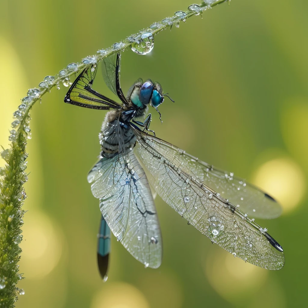 araffe dragonfly with blue eyes sitting on a blade of grass, that looks like a dragonfly, dragonfly-like, award winning Macro Photography, dragonfly-shaped, that has the form of a dragonfly, Macro Photography, beautiful Macro Photography, dragonfly, Covered with water droplets, author:Werner Gutzert, Focus on water droplets, hd macro photographs, Award-winning shots