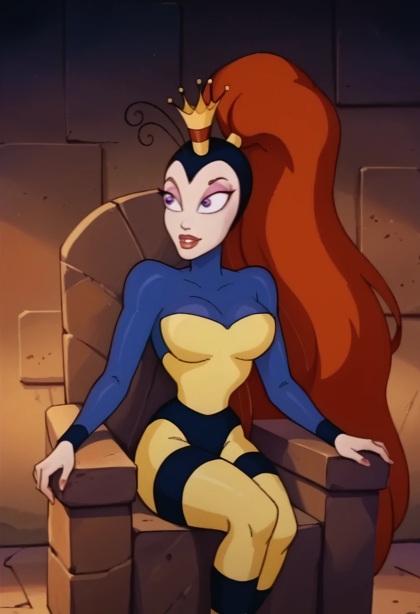 score_9, score_8_up, score_7_up, score_6_up, score_5_up, score_4_up, extreme detail, Masterpiece, Best Quality, beautiful,
xqueenwhnx, red hair, very long hair, ponytail, crown, antennae, eyeshadow, lipstick, large breasts,
Perfect anatomy, detailed eyes, perfecteyes, looking on viewer, posing, seductive smile, sitting on throne, front view,
bodysuit, upper body. portrait, breasts squeezed together