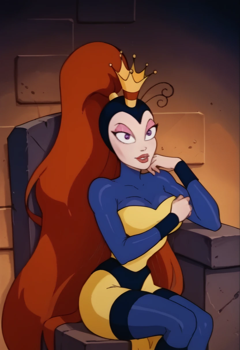 score_9, score_8_up, score_7_up, score_6_up, score_5_up, score_4_up, extreme detail, Masterpiece, Best Quality, beautiful,
xqueenwhnx, red hair, very long hair, ponytail, crown, antennae, eyeshadow, lipstick, large breasts,
Perfect anatomy, detailed eyes, perfecteyes, looking on viewer, posing, seductive smile, sitting on throne, front view,
bodysuit, upper body. portrait, breasts squeezed together