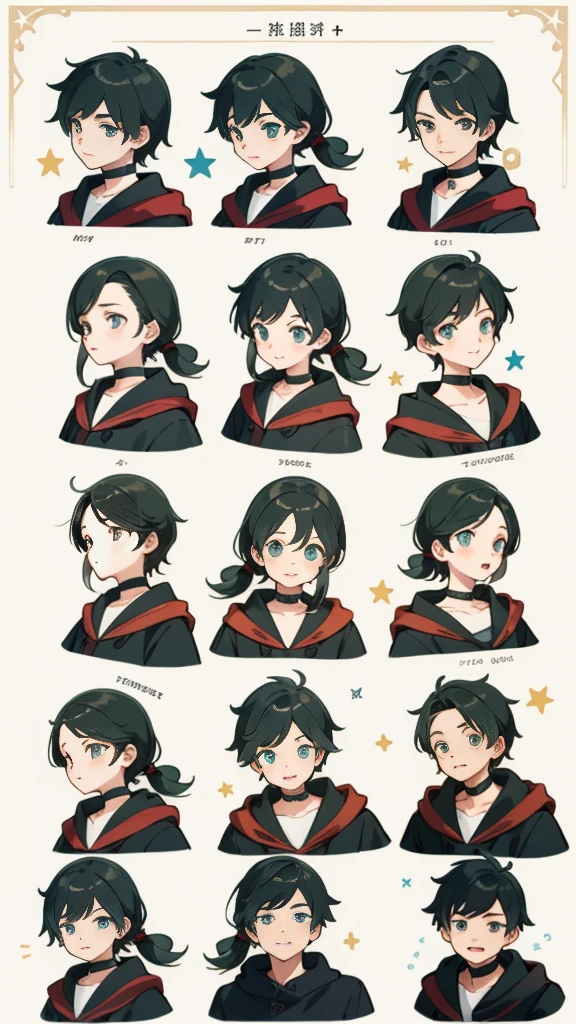 ((Masterpiece, Highest quality)), Detailed face, character sheets, full bodyesbian, Full of details, Multiple poses and expressions, Highly detailed, Depth, Many parts, 1boys , Children all over the body :3, mitts, Stockings, Black choker, The eye, Star (symbol), pupils in symbol shapes