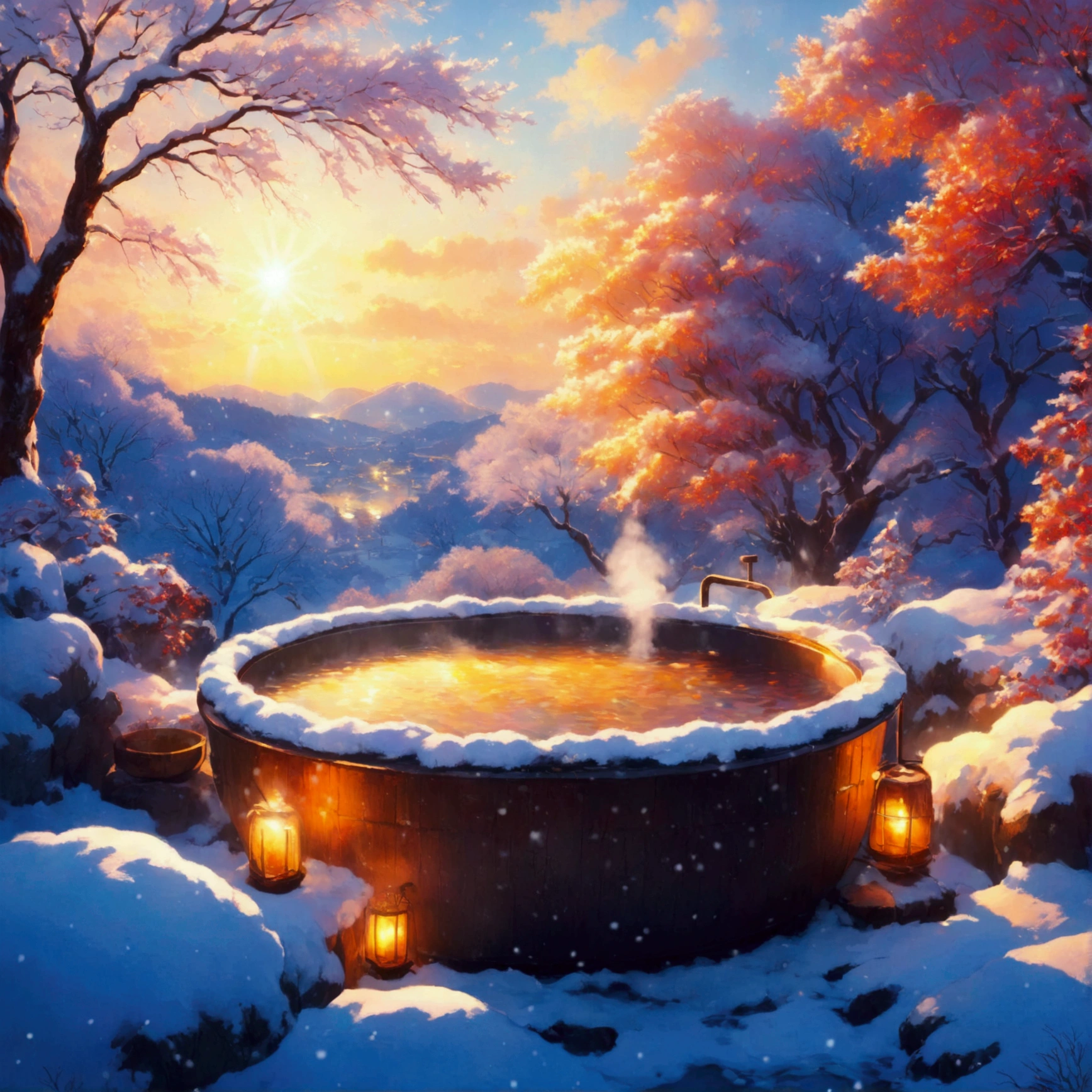 Open-air bath、winter、snow、beautiful、steam、warm