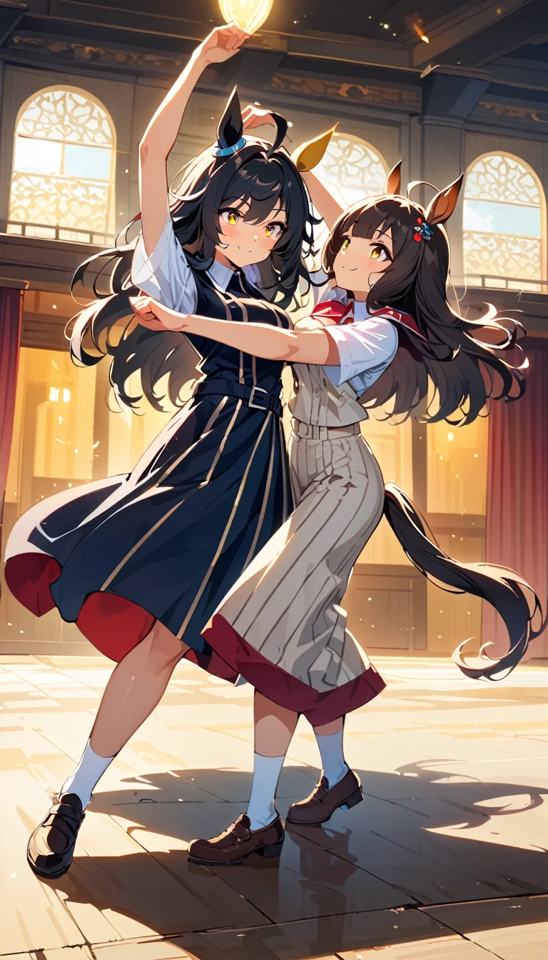 (8k, RAW photo, highest quality, masterpiece), (solo, 1 girl, ahoge: 1.2), ink painting, Uma Musume, shine, horse ears, horse tail, Uma Musume, 5 fingers, dynamic lighting, High resolution, sharp focus, depth of field, fashionable, elegance, charming, seductive, gorgeous, stunning, beautiful, charming, cute, beautiful detailed face, beautiful detailed eyes, soft expression, slim beautiful figure, Curvy, hourglass shape, large bust, slender arms, graceful hands, delicate fingers, slender wrists, elegant neck, smooth skin, dynamic angles, perfect composition, Perfect anatomy, natural fingers, 5 fingers,((Karston Light O \(umamusume\),full body, smile, Looking forward, stage, indoors, dancing,Yellow horse ears, black hair, long hair, blunt bangs, white tufts of hair hanging from the top of the head, yellow eyes, Training Center Academy uniform, summer uniform
