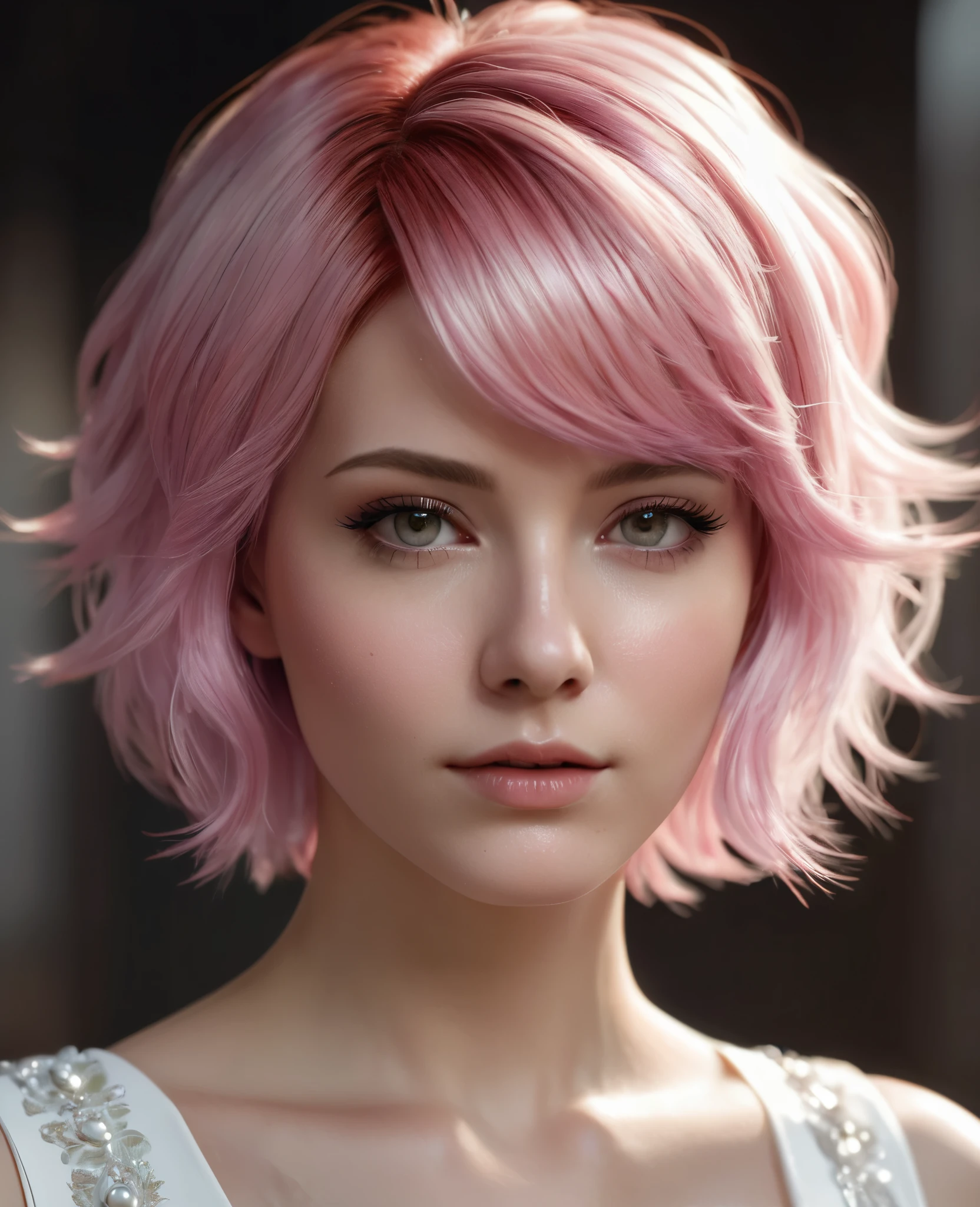 arcanevi, a woman with medium short pink hair wearing a white dress, female face, unreal engine character art, portrait