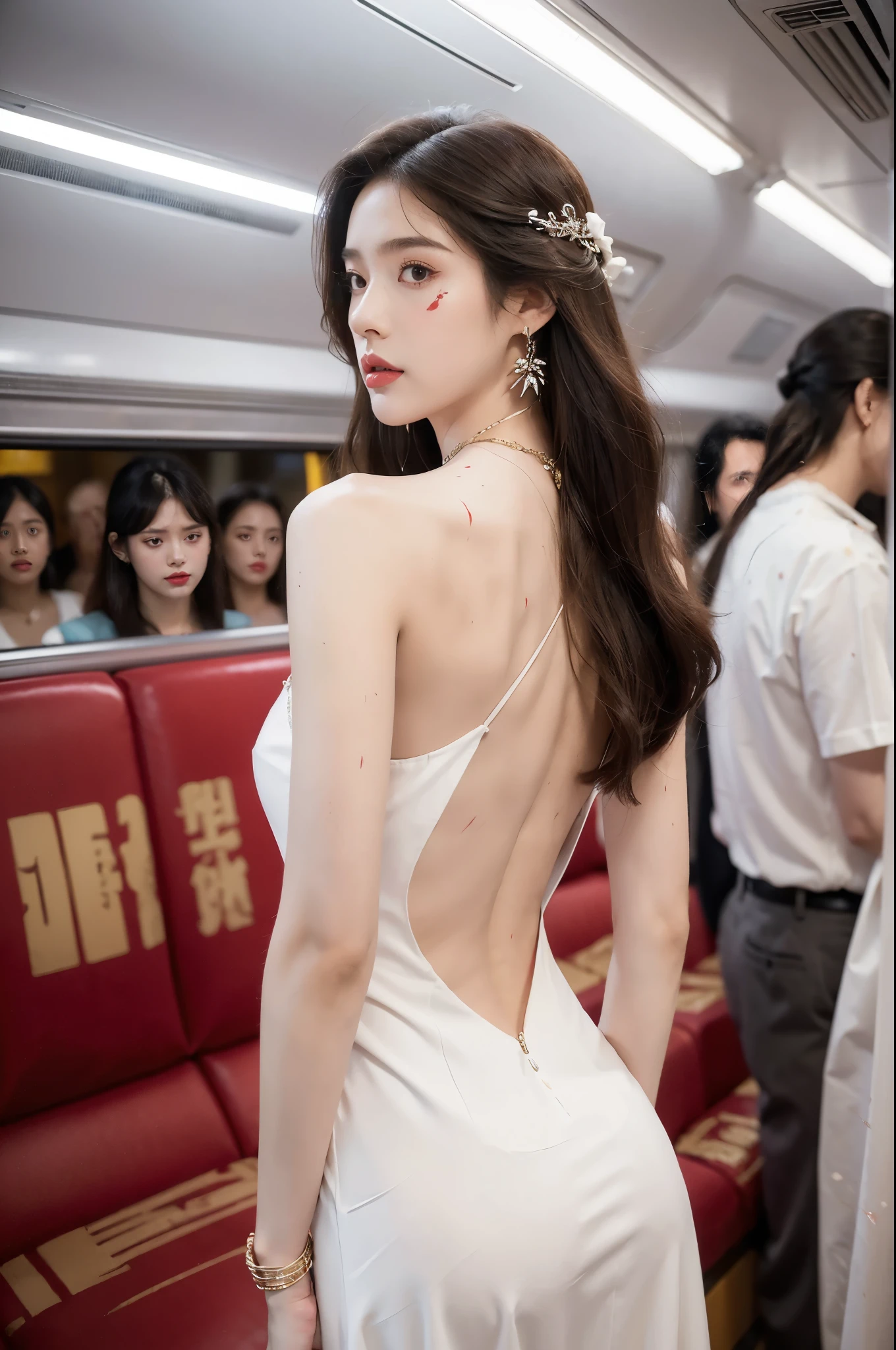 (((best quality))),(((ultra detailed))),(((masterpiece))),illustration,(a stunning girl,solo),(shoulder length straight hair:1.2),((earrings,necklace)),((slim,thin)),((bare back,towering hips,butt crack)),(standing:1.3), ((awkwardly,painful,embarrassed)),(In modern high-speed railway carriages:1.3),(white dress splattered with red paint stains:1.3),(surrounded by crowded crowds:1.3),((from back,upper body))