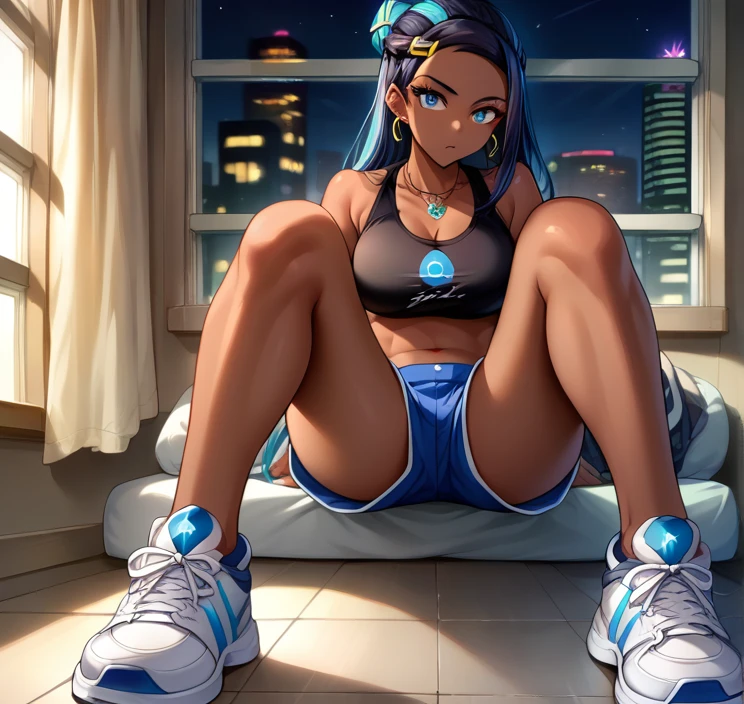 score_9, score_8_up,score_7_up, source_anime, 1girl, solo, EPpkNessa, blue eyes, black hair, blue hair, streaked hair, single hair bun, dark skin, dark-skinned female, necklace, ear piercing, black sports bra,shorts, sneakers, black sneakers, bedroom, at a dark room, at night , city view from the window, gyaru,