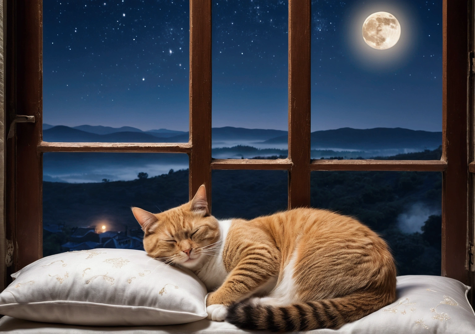 Cat sleeping on pillow, steaming tea, ,A window with a beautiful view, Night Sky, moon.