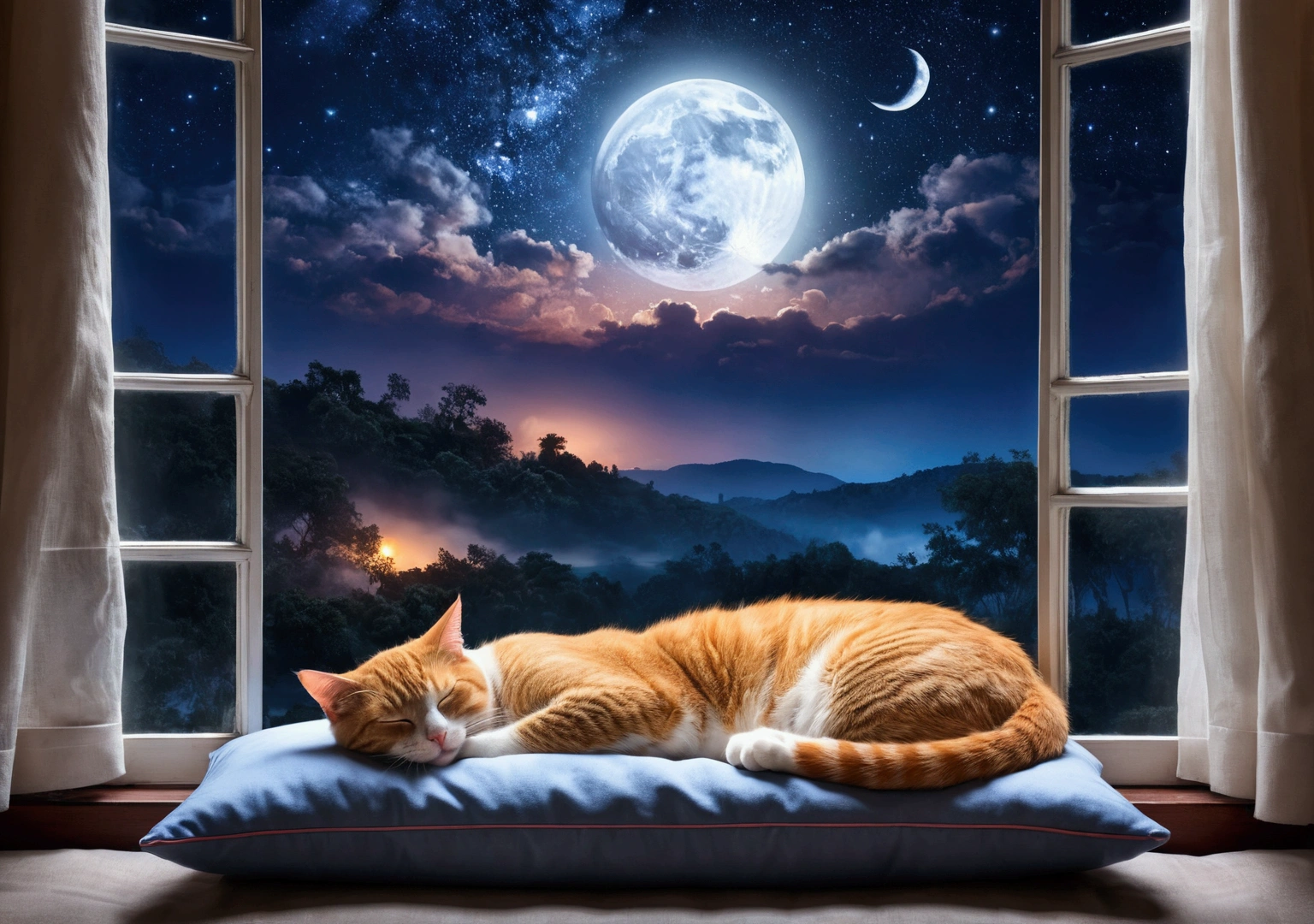 Cat sleeping on pillow, steaming tea, ,A window with a beautiful view, Night Sky, moon.