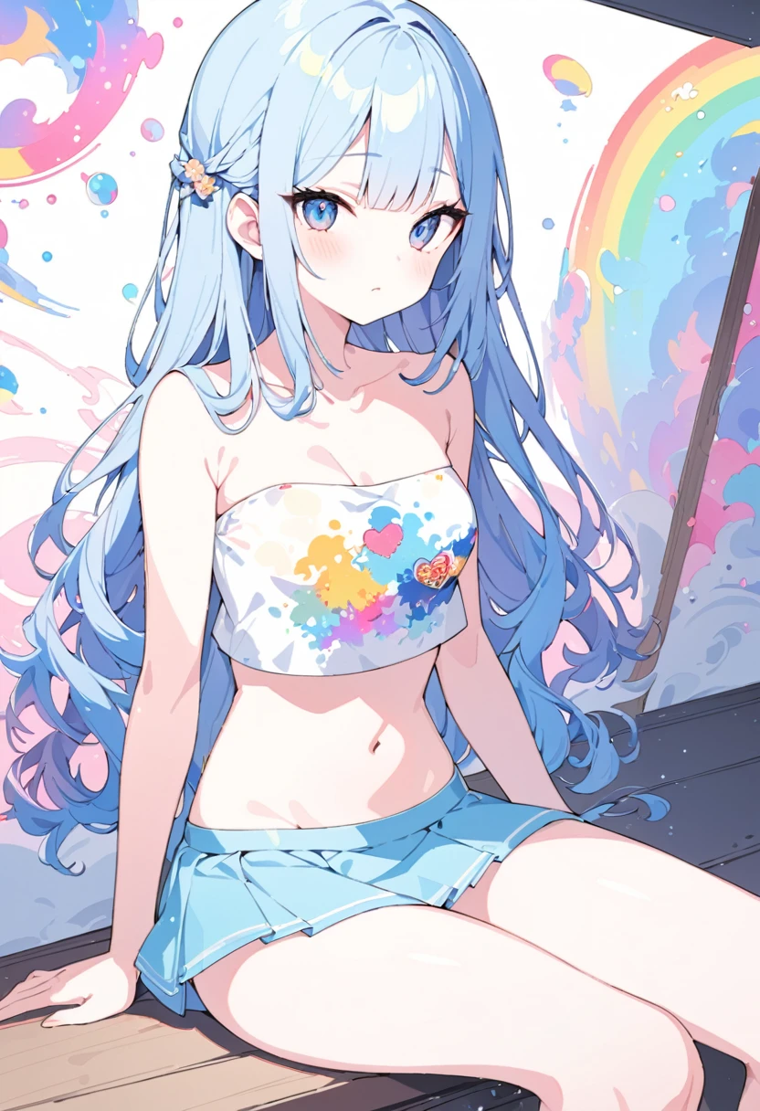 Momoko Sakura Style、8K quality、Intense watercolor,, Watercolor splash, Surreal, Avant-garde pop art, Beautiful artwork illustration, Very colorful tones, wonderful, Cool Beauty, Highest quality、 Stylish design, (((The most beautiful girl))), ((Thin legs))、(((Highest quality))), High resolution, ((detailed)), (((Doodle Art)), ((masterpiece)), ((Super detailed)),(((Bare top、mini skirt、Wearing underwear))),(((Sitting))),((Sexual))