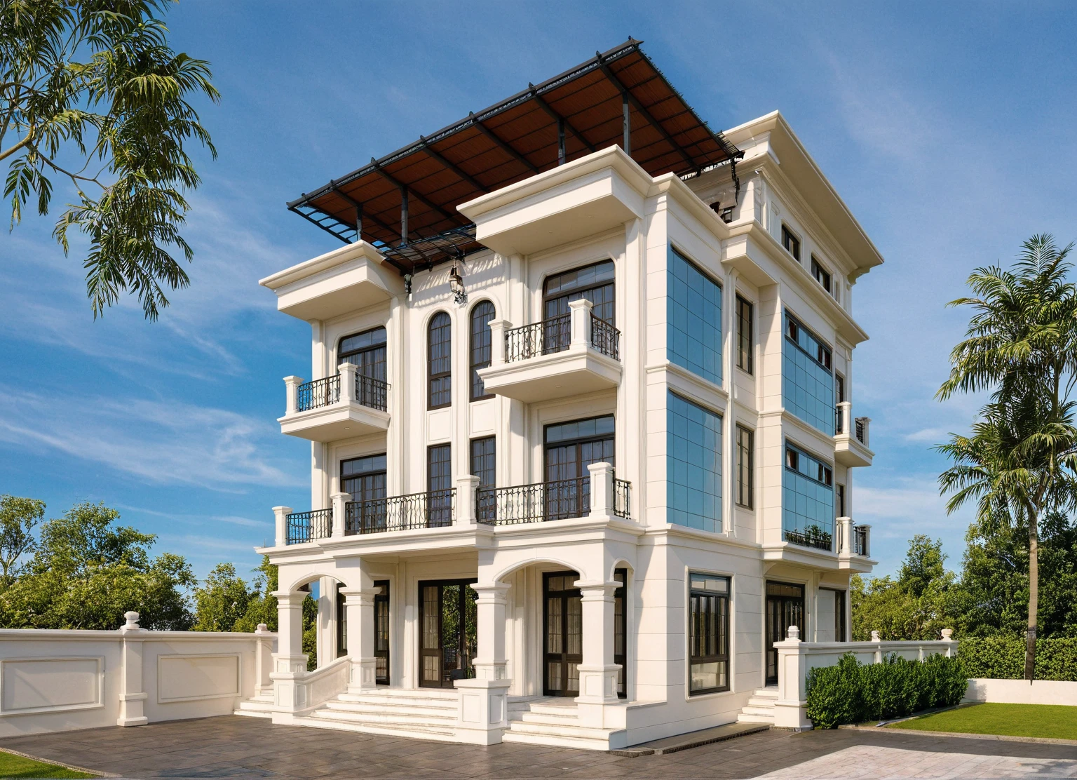 Raw photo, Masterpiece, high quality, best quality, realistic, super detailed, rooftop glass roof
exterior, outdoor, Mediterranean style house on aiaigroup street
road, sidewalk, grass, trees, sky, clouds, (date:1.1)