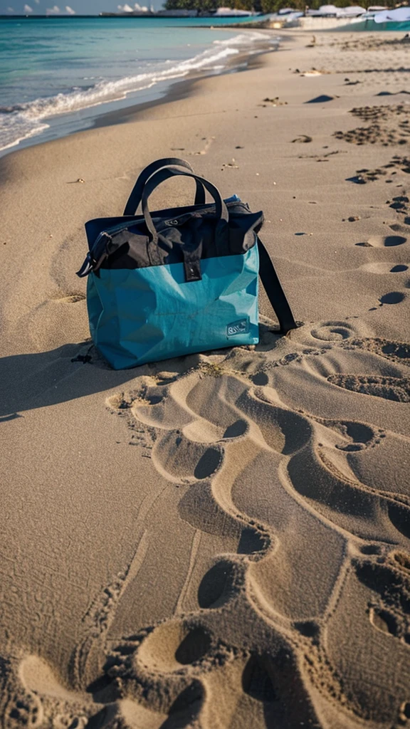 generate a photo showing s a bag  on the sand on the ocean shore in the Maldives