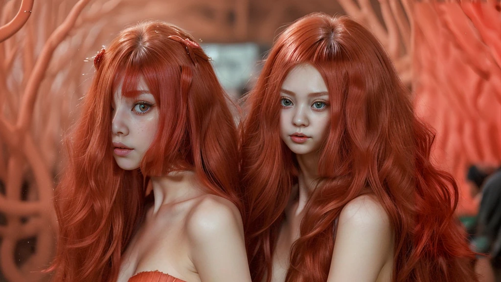 Twins long reddish hair small complexion full body