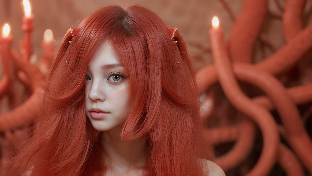 A girl,which have dear eyes and long neck coral Leps ,long hairs fair color,with red lenhga