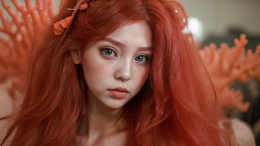 A girl,which have dear eyes and long neck coral Leps ,long hairs fair color,with red lenhga
