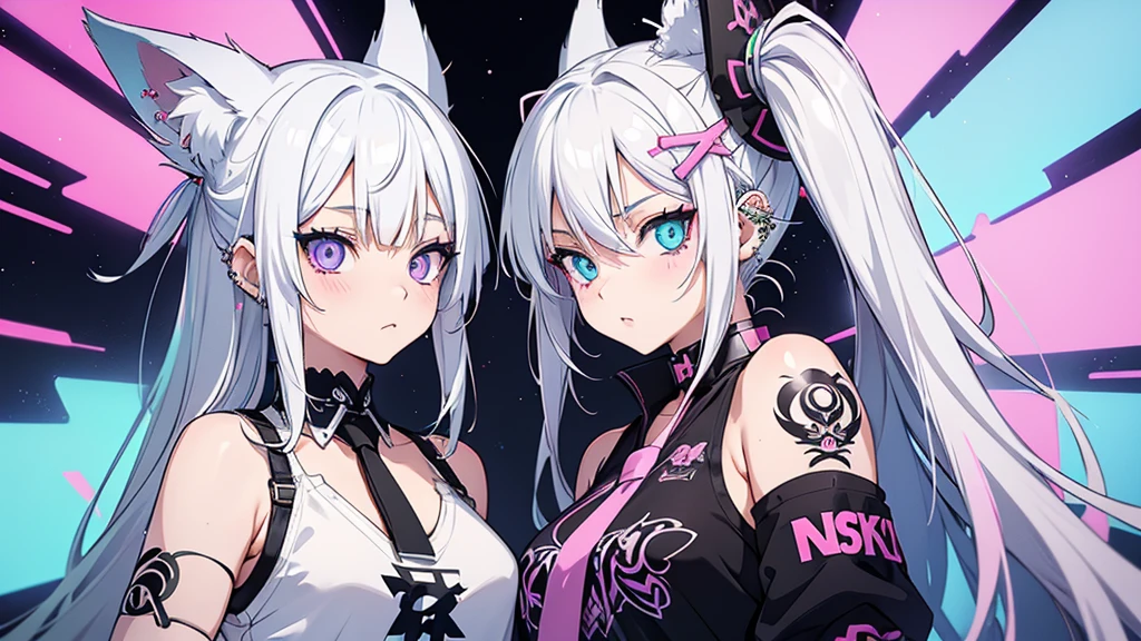 2 girls, neon white hair, moonlight eyes, fox ear, tattoo sleeves and piercings ((Anime style)), Harajuku-inspired hip-hop clothing, soft colors, neon paint splattered background, Soft stroke