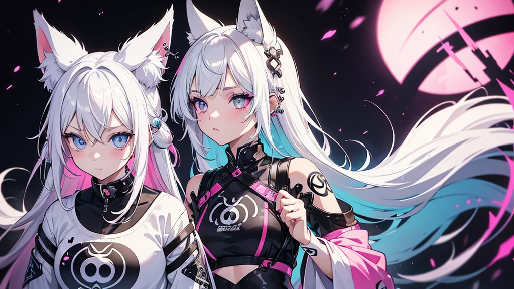 2 girls, neon white hair, moonlight eyes, fox ear, tattoo sleeves and piercings ((Anime style)), Harajuku-inspired hip-hop clothing, soft colors, neon paint splattered background, Soft stroke