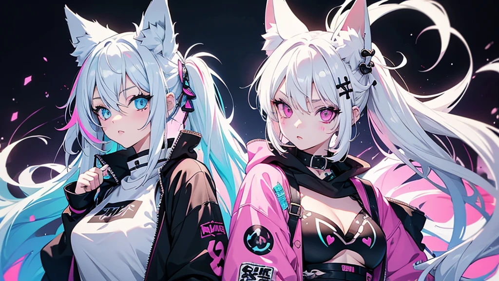 2 girls, neon white hair, moonlight eyes, fox ear, tattoo sleeves and piercings ((Anime style)), Harajuku-inspired hip-hop clothing, soft colors, neon paint splattered background, Soft stroke