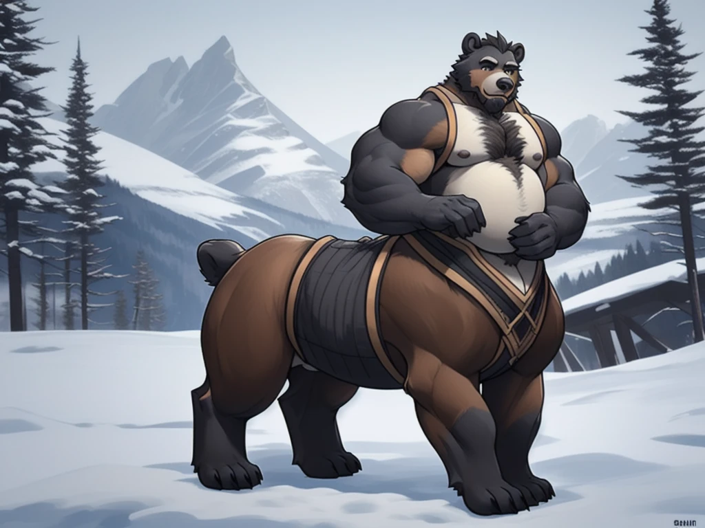 furry, fur taur, beartaur, middle-age, solo, detailed face, bear ears, bear eyes(brown), bear nose(black), bear mouth, garibaldi beard(grey), mature hair(grey), detailed arms, thick arms, muscular, thick hands(5 fingers), detailed body belly, thick body, muscle belly(white), thick chest, chest hair(grey), detailed taur body, thick taur body, thick bear paws, thick bear tail, full body shot, winter, snow, standing on the mountain