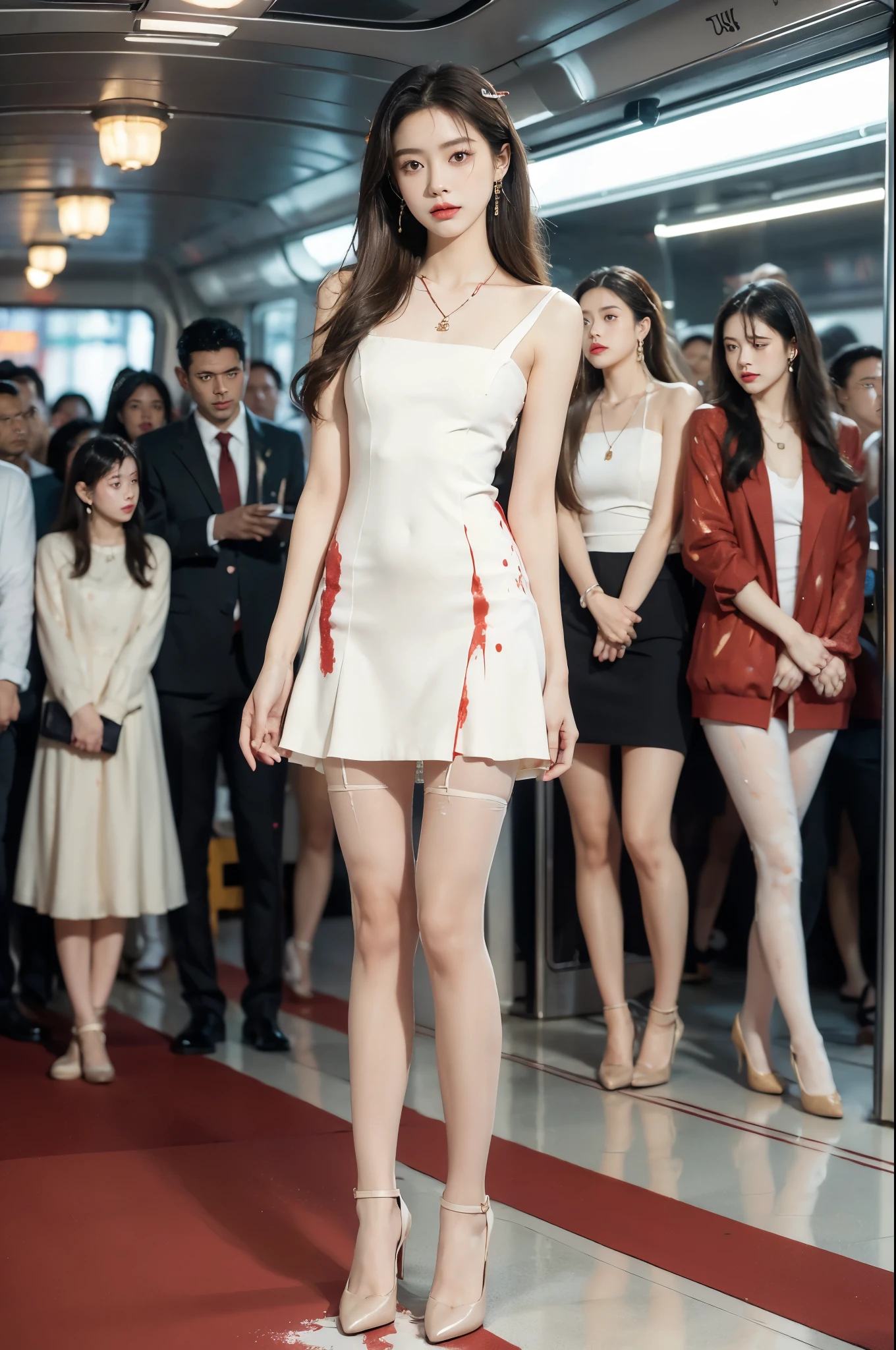(((best quality))),(((ultra detailed))),(((masterpiece))),illustration,(a stunning girl,solo),(shoulder length straight hair:1.2),((earrings,necklace)),((slim,thin)),((small breasts,flat chest)),(slender legs:1.2),(nude pantyhose:1.3),(loafers:1.2),(standing:1.3), ((awkwardly,painful,embarrassed)),(In modern high-speed railway carriages:1.3),(white dress splattered with red paint stains:1.3),(surrounded by crowded crowds:1.3),((from front,full body))