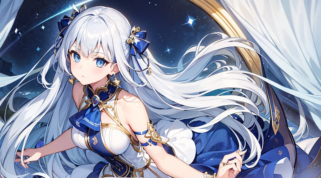 Highest quality, masterpiece, figure, wallpaper,One girl, Beautiful detailed girl, Highly detailed eyes and face, Beautiful attention to detail, Shine, View your viewers, Blue Eyes, Side Up,Beautiful silver hair ,crisp finger, clear background, deep night、Big earrings、bracelet,28 years old