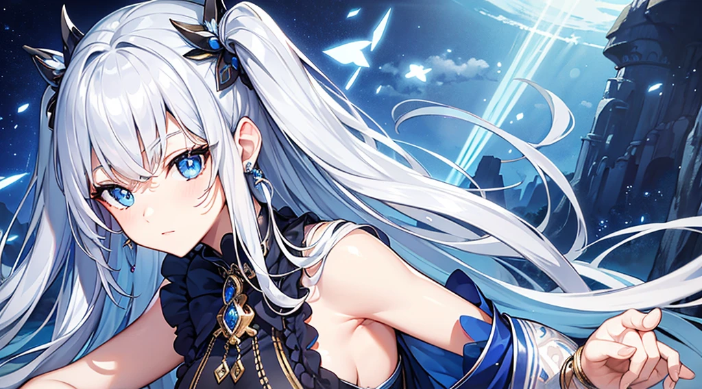 Highest quality, masterpiece, figure, wallpaper,One girl, Beautiful detailed girl, Highly detailed eyes and face, Beautiful attention to detail, Shine, View your viewers, Blue Eyes, Side Up,Beautiful silver hair ,crisp finger, clear background, deep night、Big earrings、bracelet,28 years old