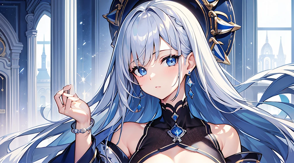 (Enrich the picture,Masterpiece level quality)Beautiful 8K CG artwork,1girl,solo,morgan le fay (fate),detailed face, perfect face, perfect eyes,blue eyes,Long Hair,Very long hair, big boob, grey hair,Slim and soft,big breasts,in the bed,