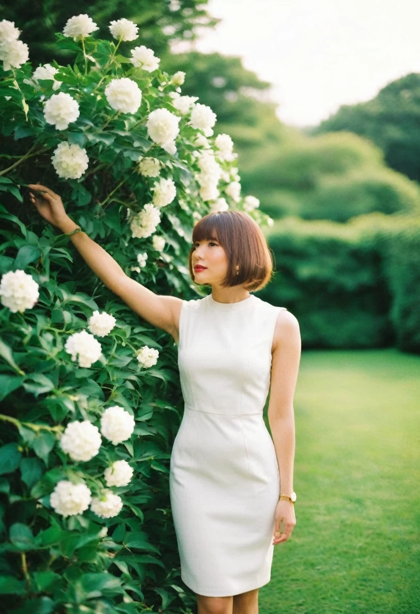 A fashionable woman is standing outdoors, wearing a fitted white dress that accentuates her figure and a golden watch. Her hair is styled in a sleek, shoulder-length bob. She is posing in front of a white wall adorned with lush green vines and blooming white flowers. The setting appears to be a garden or a patio with a relaxed, elegant ambiance. The background also includes a white sofa with cushions, adding to the serene atmosphere. The lighting is soft, giving the scene a warm and inviting feel.
