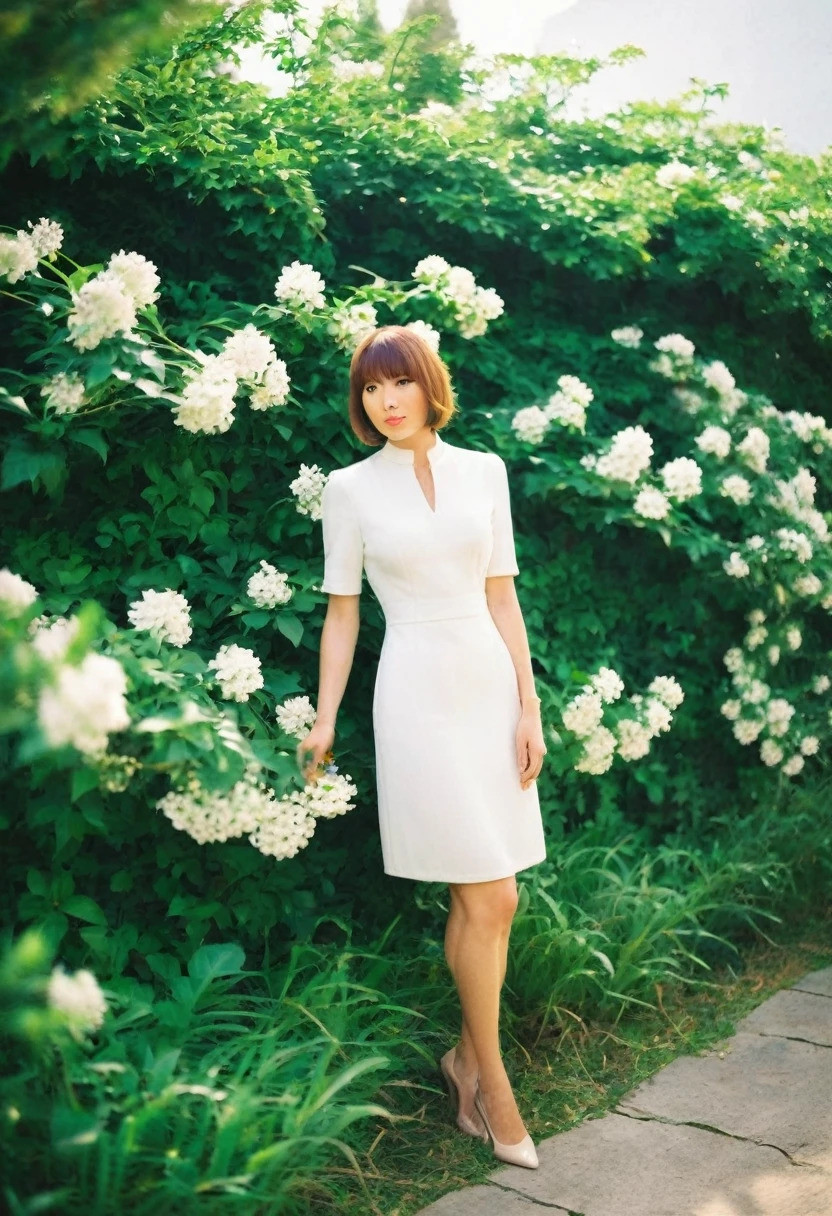 A fashionable woman is standing outdoors, wearing a fitted white dress that accentuates her figure and a golden watch. Her hair is styled in a sleek, shoulder-length bob. She is posing in front of a white wall adorned with lush green vines and blooming white flowers. The setting appears to be a garden or a patio with a relaxed, elegant ambiance. The background also includes a white sofa with cushions, adding to the serene atmosphere. The lighting is soft, giving the scene a warm and inviting feel.
