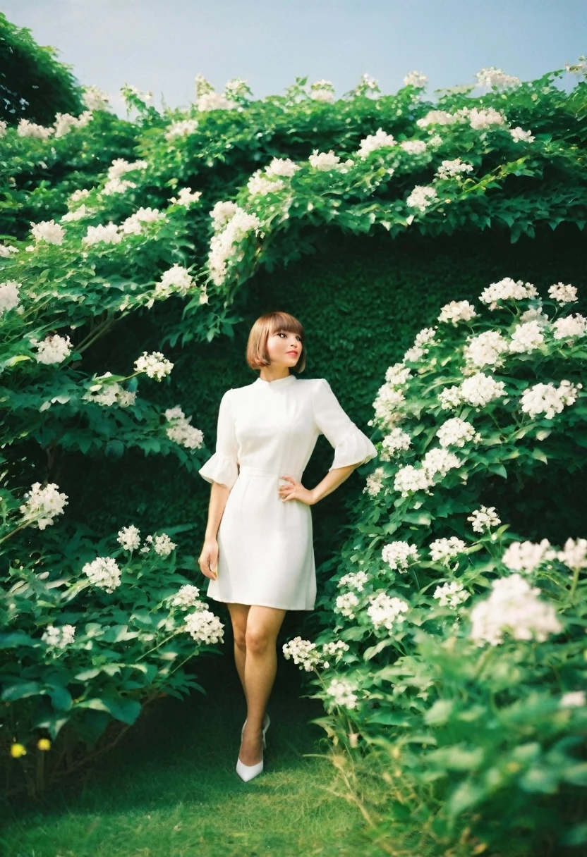 A fashionable woman is standing outdoors, wearing a fitted white dress that accentuates her figure and a golden watch. Her hair is styled in a sleek, shoulder-length bob. She is posing in front of a white wall adorned with lush green vines and blooming white flowers. The setting appears to be a garden or a patio with a relaxed, elegant ambiance. The background also includes a white sofa with cushions, adding to the serene atmosphere. The lighting is soft, giving the scene a warm and inviting feel.
