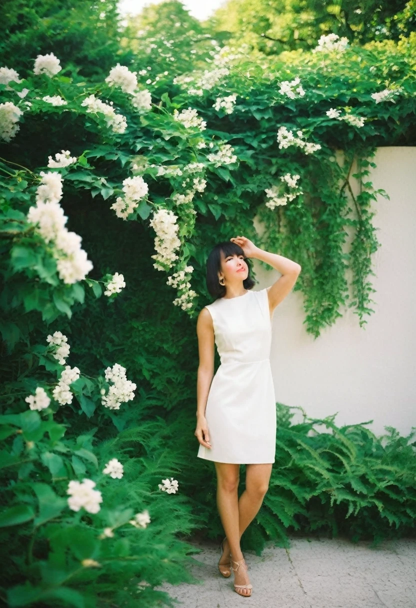 A fashionable woman is standing outdoors, wearing a fitted white dress that accentuates her figure and a golden watch. Her hair is styled in a sleek, shoulder-length bob. She is posing in front of a white wall adorned with lush green vines and blooming white flowers. The setting appears to be a garden or a patio with a relaxed, elegant ambiance. The background also includes a white sofa with cushions, adding to the serene atmosphere. The lighting is soft, giving the scene a warm and inviting feel.
