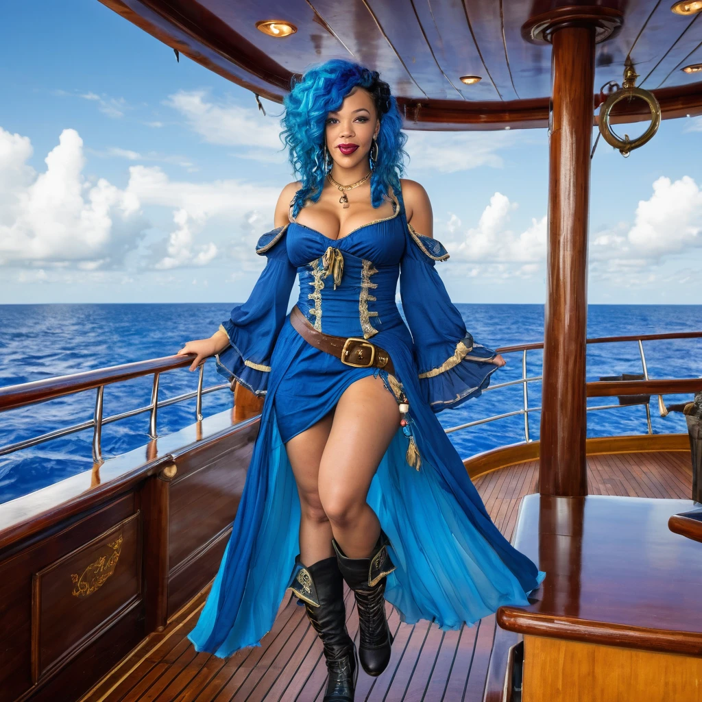 1 fille, beautiful biracial woman, blue hair, extremely detailed full body , pirat dress, on pirate cruise, big shark jump, Gros seins,