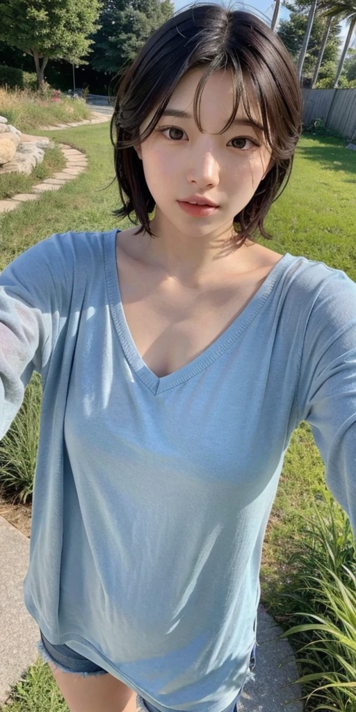 4k realistic, 25 years old, girl, grass, nature, messy hair, short hair, (selfie:1.4), korea style, Korean girl, bae suzy.