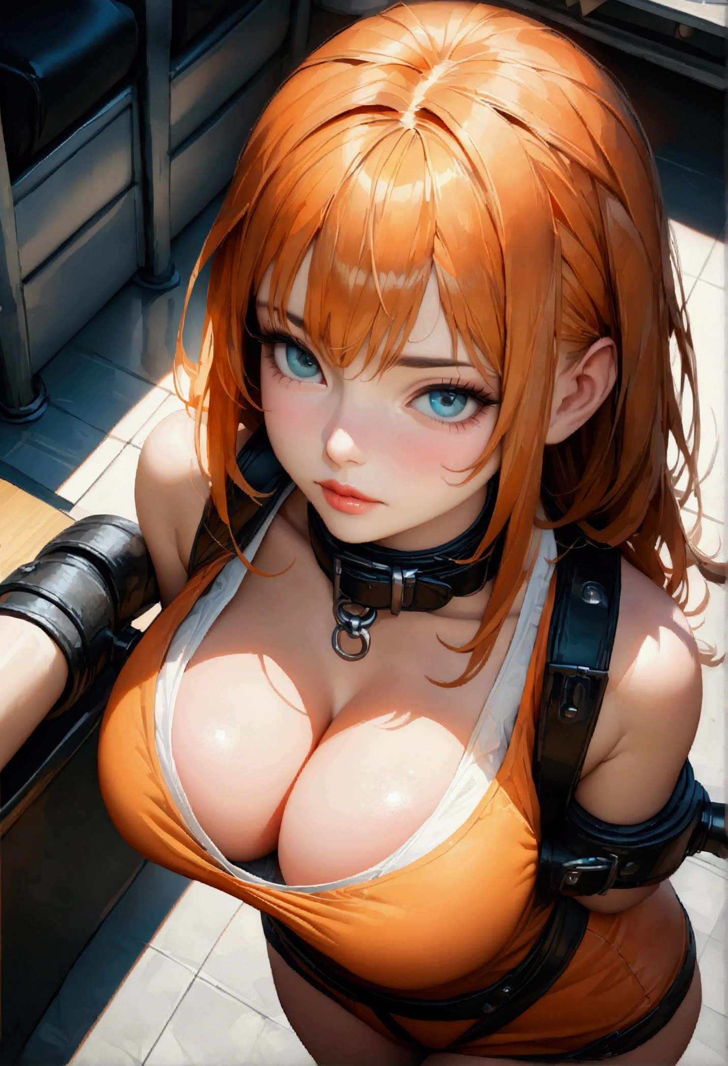concept:beautiful woman portrait, quality:(highest quality, 8k, 4K, High resolution, masterpiece:1.2), Super detailed, (real, photorealistic:1.37), High quality artwork, beautiful illustrations, illumination:Bright colors, Lens flare, The overall dramatic atmosphere of the scene, natural light, examination table, velcro arm and hand restrains, velcro leg restrains, blindfold, collar, Highest quality, shape, Very detailed, In detail, High resolution, 8k wallpaper, Perfect dynamic composition, Beautiful details, Natural Lip, Cute underwear revealed, restrained , Big Breasts, Cleavage, She is detained、Subject information:alone, sexy woman, (round eyes), (small face), (high detail skin:1.2), long eyelashes, glossy lips, (bright orange hair, long straight, Patsun bangs, turquoise eyes), perfect face, cute face, shiny skin, long eyelashes, (big breasts), , car ears,