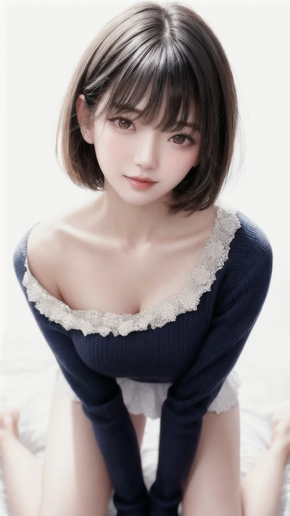  fashion trendy beautiful and attractive woman, gentle and attractive Chinese beautiful woman, Korean (kpop idol), delicate and sexy collarbone, attractive oval face, double eyelids, smart [peach] flower eyes, pink lips, small nose, bare shoulders, focus on face, [[face close-up], ultra high definition, super detail, White off-shoulder lace shirt, (((white lace panties), fresh and impressive, natural (large: 1.25), (kneel on the ground), (legs wide open), (legs spread), (from a low angle), (upright 1.5), (shiny skin: 1.4), (low angle)), perfect figure, areola, cleavage, armpit wrinkles), (NSFW: 1.05), ( Showpiece, top quality, high precision)), one girl, (big, photorealistic: 1.4), (slightly above the camera, looking up at the camera, looking up, looking up at the camera, staring at the camera))), solo, solo, white background, snow-white background, mouth closed, happy smile, pretty black hair, short hair, big eyes, pronounced double eyelids, eyelashes, ears out, long neck, long neck, Absolute area, ((close-up of face, short hair with bangs)), 19 years old, attractive proportions, shiny skin, clean collarbone, golden ratio face, perfect face, teardrop mole, chest mole, bangs, clean bangs, beautiful bangs, lip gloss, thin lips, white skin, undressed, big breasts, small face, staring at the camera a little upwards, ((smiling a little at the camera, really nothing pure white background, very big, big big, big breasts)), ((((uniform, shirt)))), exposed shoulders, exposed waist, exposed thighs