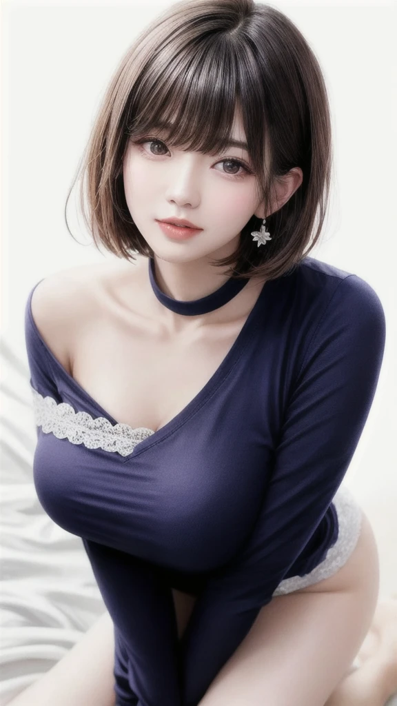  fashion trendy beautiful and attractive woman, gentle and attractive Chinese beautiful woman, Korean (kpop idol), delicate and sexy collarbone, attractive oval face, double eyelids, smart [peach] flower eyes, pink lips, small nose, bare shoulders, focus on face, [[face close-up], ultra high definition, super detail, White off-shoulder lace shirt, (((white lace panties), fresh and impressive, natural (large: 1.25), (kneel on the ground), (legs wide open), (legs spread), (from a low angle), (upright 1.5), (shiny skin: 1.4), (low angle)), perfect figure, areola, cleavage, armpit wrinkles), (NSFW: 1.05), ( Showpiece, top quality, high precision)), one girl, (big, photorealistic: 1.4), (slightly above the camera, looking up at the camera, looking up, looking up at the camera, staring at the camera))), solo, solo, white background, snow-white background, mouth closed, happy smile, pretty black hair, short hair, big eyes, pronounced double eyelids, eyelashes, ears out, long neck, long neck, Absolute area, ((close-up of face, short hair with bangs)), 19 years old, attractive proportions, shiny skin, clean collarbone, golden ratio face, perfect face, teardrop mole, chest mole, bangs, clean bangs, beautiful bangs, lip gloss, thin lips, white skin, undressed, big breasts, small face, staring at the camera a little upwards, ((smiling a little at the camera, really nothing pure white background, very big, big big, big breasts)), ((((uniform, shirt)))), exposed shoulders, exposed waist, exposed thighs