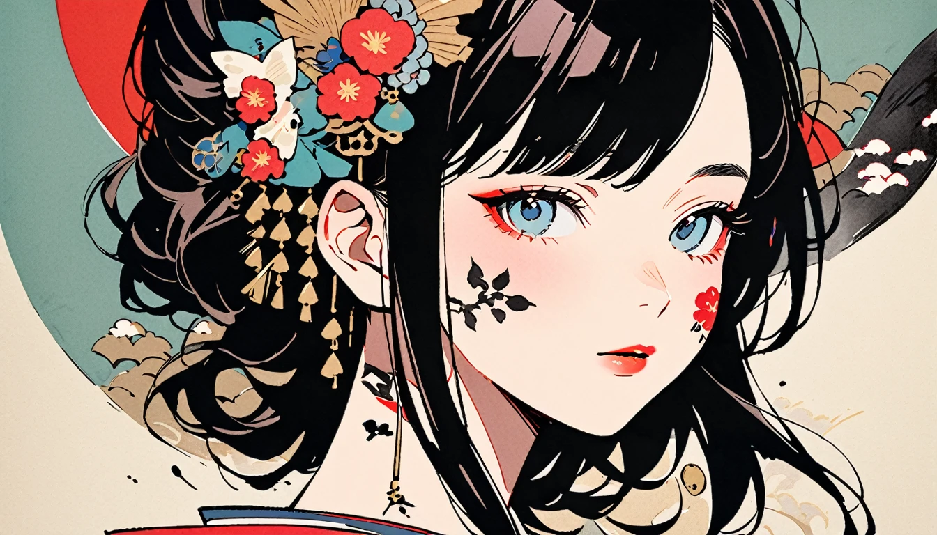 (((Ink Painting))), Fashion portrait color photos, (((1 girl))), (((Tattoo on face))), (((Gorgeous hair accessories))), Japanese style headphones, face close-up, Japan人の美少女, Black Hair, Delicate and precise, Modern ukiyo-e style,Japan, Japanese flag