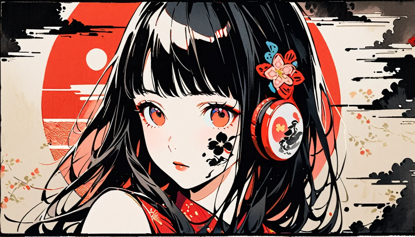 (((Ink Painting))), Fashion portrait color photos, (((1 girl))), (((Tattoo on face))), (((Gorgeous hair accessories))), Japanese style headphones, face close-up, Japan人の美少女, Black Hair, Delicate and precise, Modern ukiyo-e style,Japan, Japanese flag