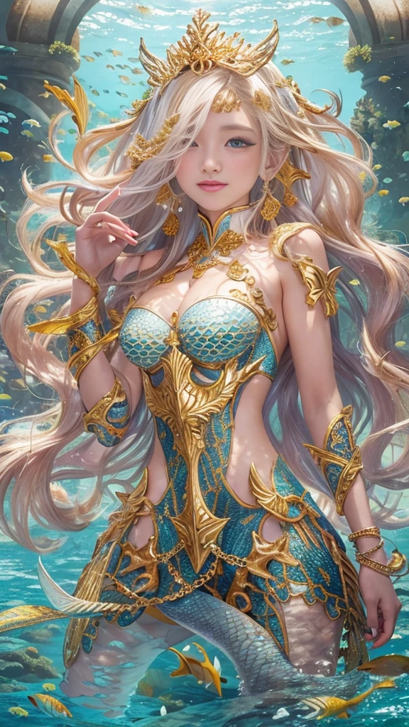 (((In the beautiful coral reef))), ((mermaid)), Masterpiece、Highest quality、8k 、Realistic,Highly detailed face、Highly detailed eyes、Highly detailed lips、(Cute Face),、smile, The double tooth is visible, Golden breastplate, Big Tits 1.6、Tight waist, Blonde、blue eyes, ((Detailed depiction of the golden scales below the navel)), ((Swim to the bottom of the ocean)), Holds a golden trident in his right hand, Place a golden tiara on your head, Wear a gold bracelet on your left wrist, Dynamic composition, ((Texture in the water))