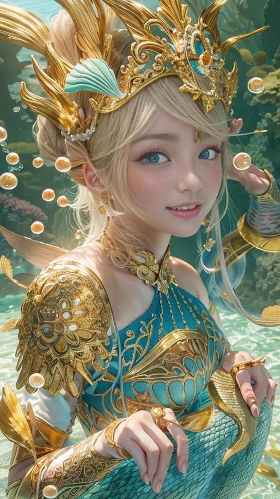 (((In the beautiful coral reef))), ((mermaid)), Masterpiece、Highest quality、8k 、Realistic,Highly detailed face、Highly detailed eyes、Highly detailed lips、(Cute Face),、smile, The double tooth is visible, Golden breastplate, Big Tits 1.6、Tight waist, Blonde、blue eyes, ((Detailed depiction of the golden scales below the navel)), ((Swim to the bottom of the ocean)), Holds a golden trident in his right hand, Place a golden tiara on your head, Wear a gold bracelet on your left wrist, Dynamic composition, ((Texture in the water))